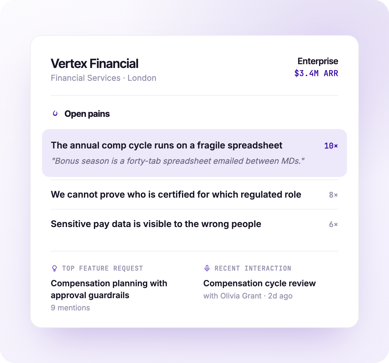 A Klarivox account overview for Vertex Financial showing open pains ranked by mentions, plus its top feature request and most recent interaction.