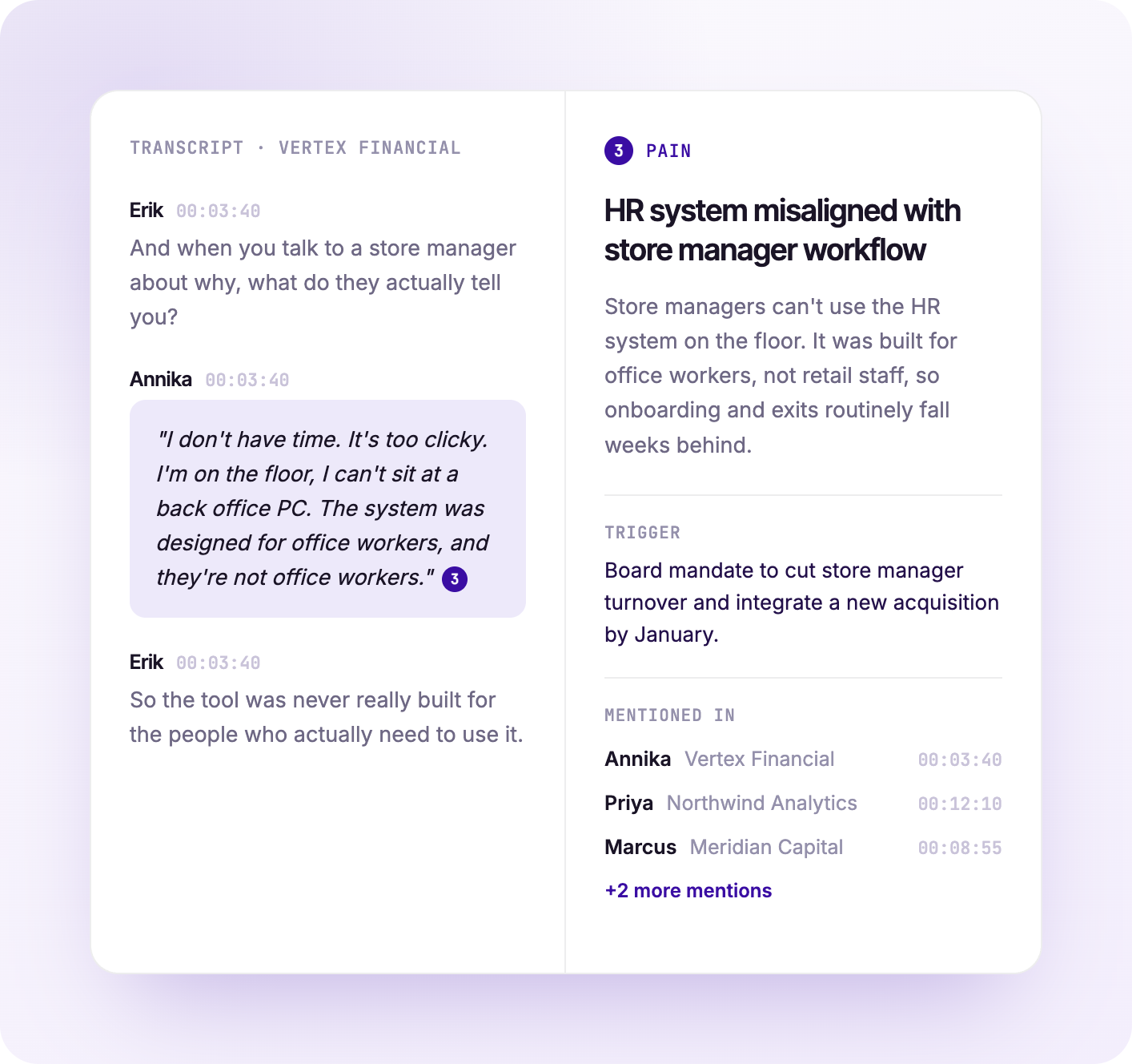 A Klarivox pain card linked to its source transcript, showing the customer quote, the trigger behind it, and every account where the theme was mentioned.