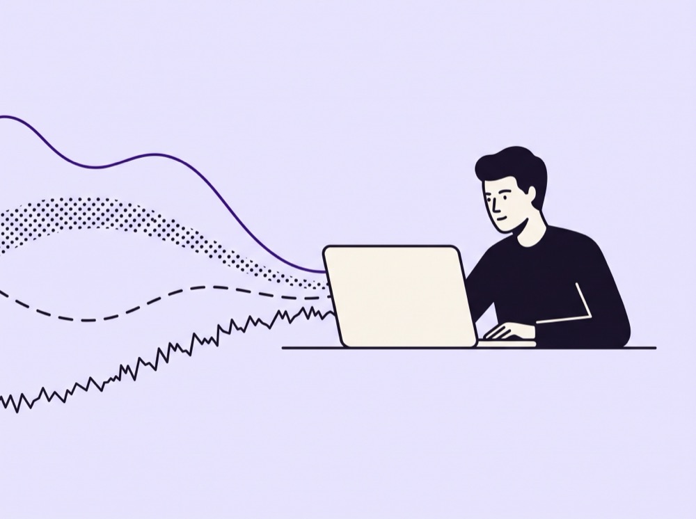 Illustration of a product manager at a laptop with customer signal streams flowing in from every channel
