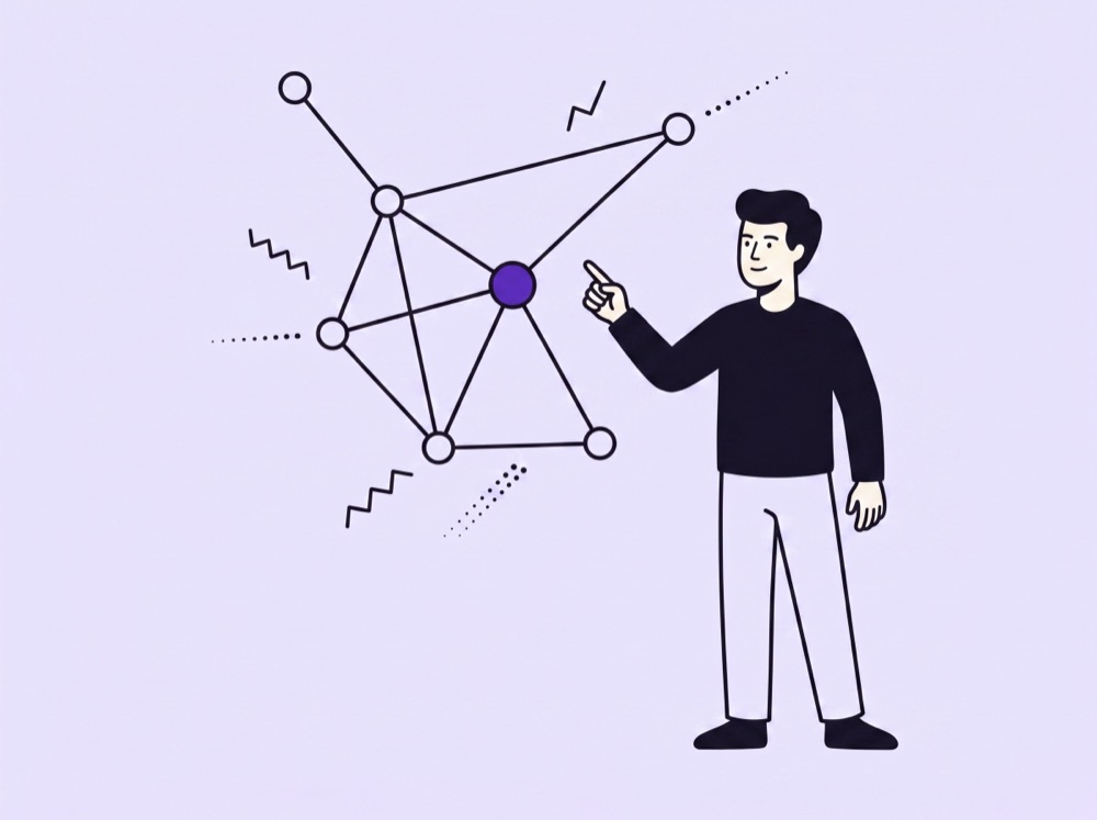Illustration of a person connecting nodes in a network, representing strategic context across customer data