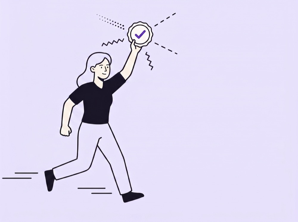 Illustration of a person running toward a validated checkmark, representing faster product validation