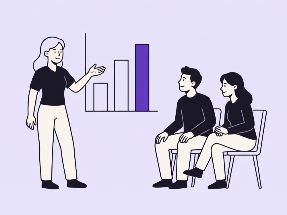 Illustration of a person presenting a bar chart to two seated stakeholders